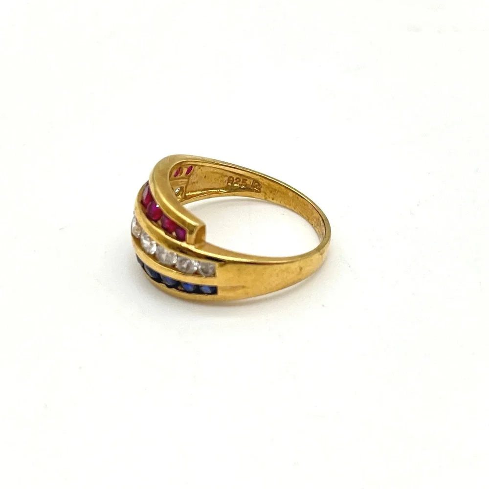 Gold Vermeil Sterling Silver Red‎ White Blue Channel Set Triple Row Ring Size 10